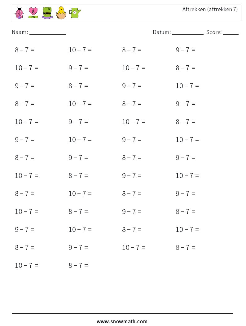 (50) Aftrekken (aftrekken 7) Wiskundige werkbladen 3