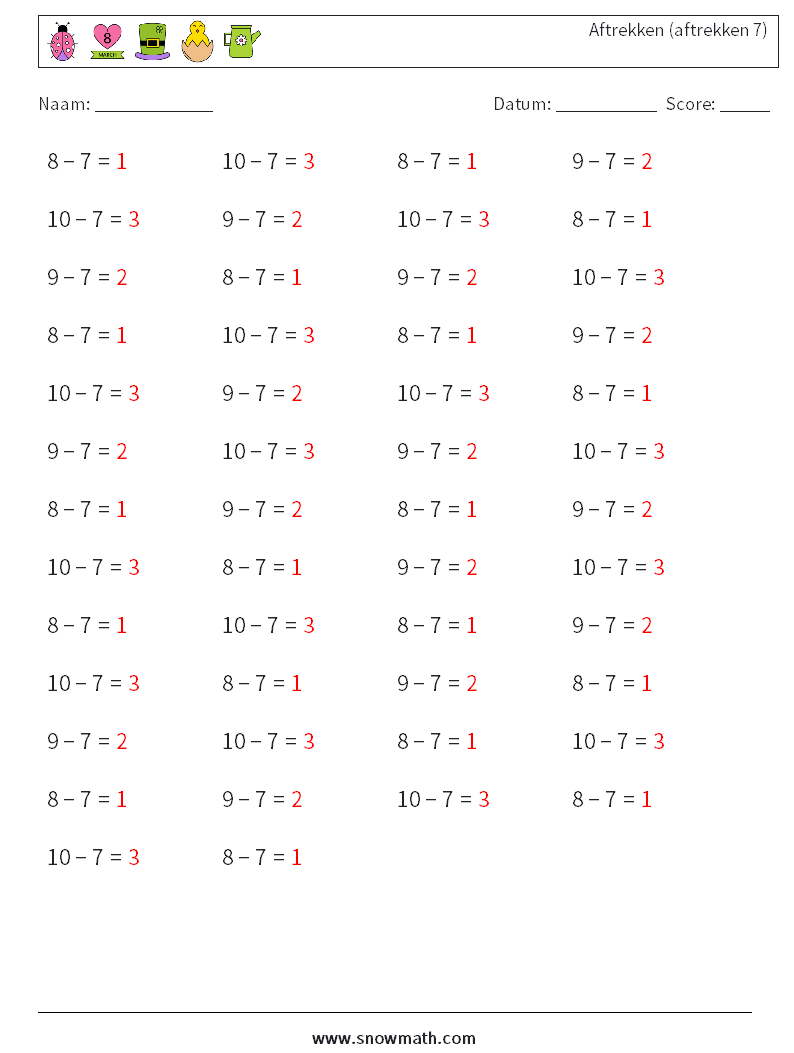 (50) Aftrekken (aftrekken 7) Wiskundige werkbladen 3 Vraag, Antwoord