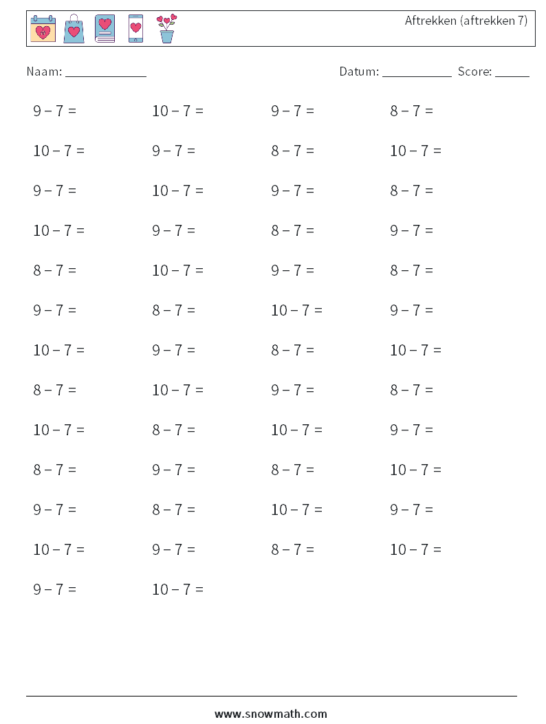 (50) Aftrekken (aftrekken 7) Wiskundige werkbladen 4