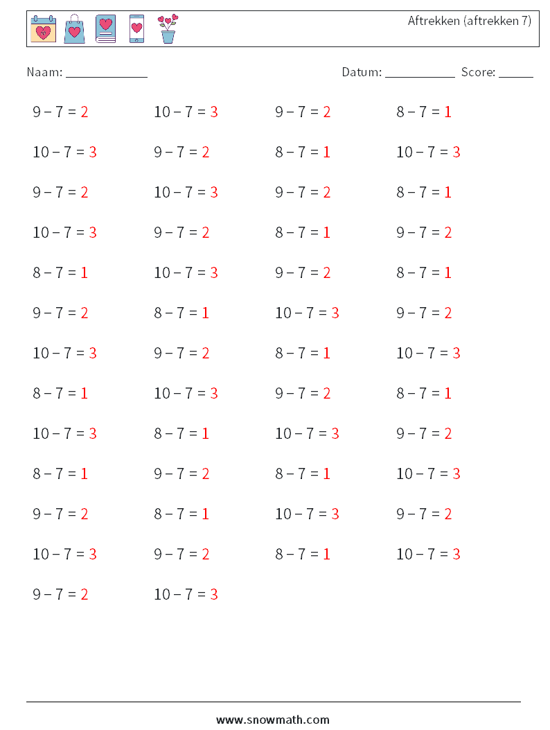 (50) Aftrekken (aftrekken 7) Wiskundige werkbladen 4 Vraag, Antwoord