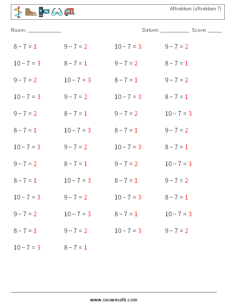 (50) Aftrekken (aftrekken 7) Wiskundige werkbladen 6 Vraag, Antwoord