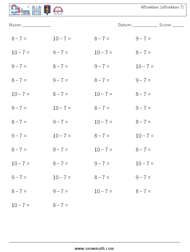 (50) Aftrekken (aftrekken 7) Wiskundige werkbladen 7