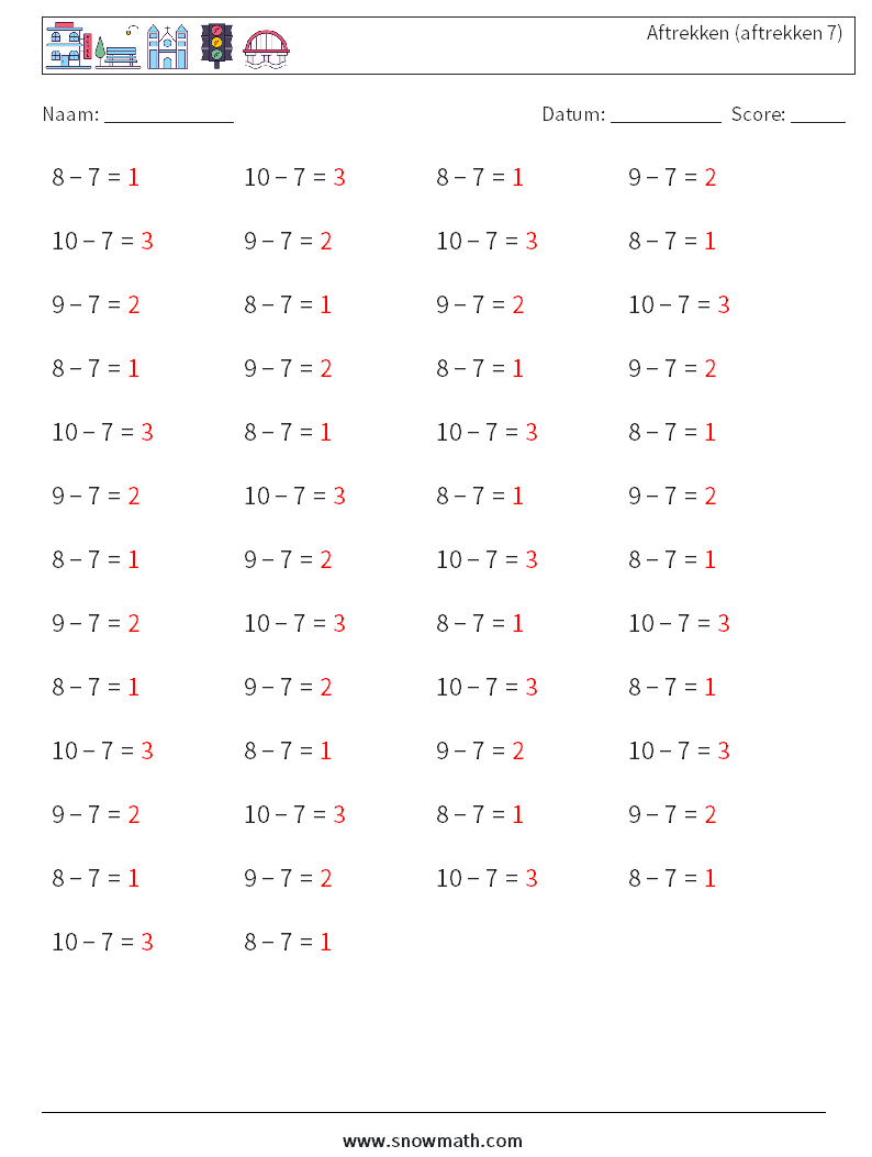 (50) Aftrekken (aftrekken 7) Wiskundige werkbladen 7 Vraag, Antwoord