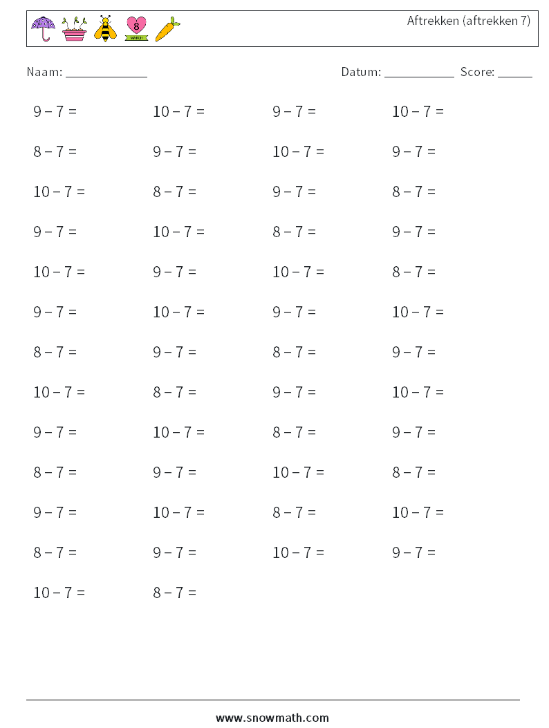 (50) Aftrekken (aftrekken 7) Wiskundige werkbladen 9