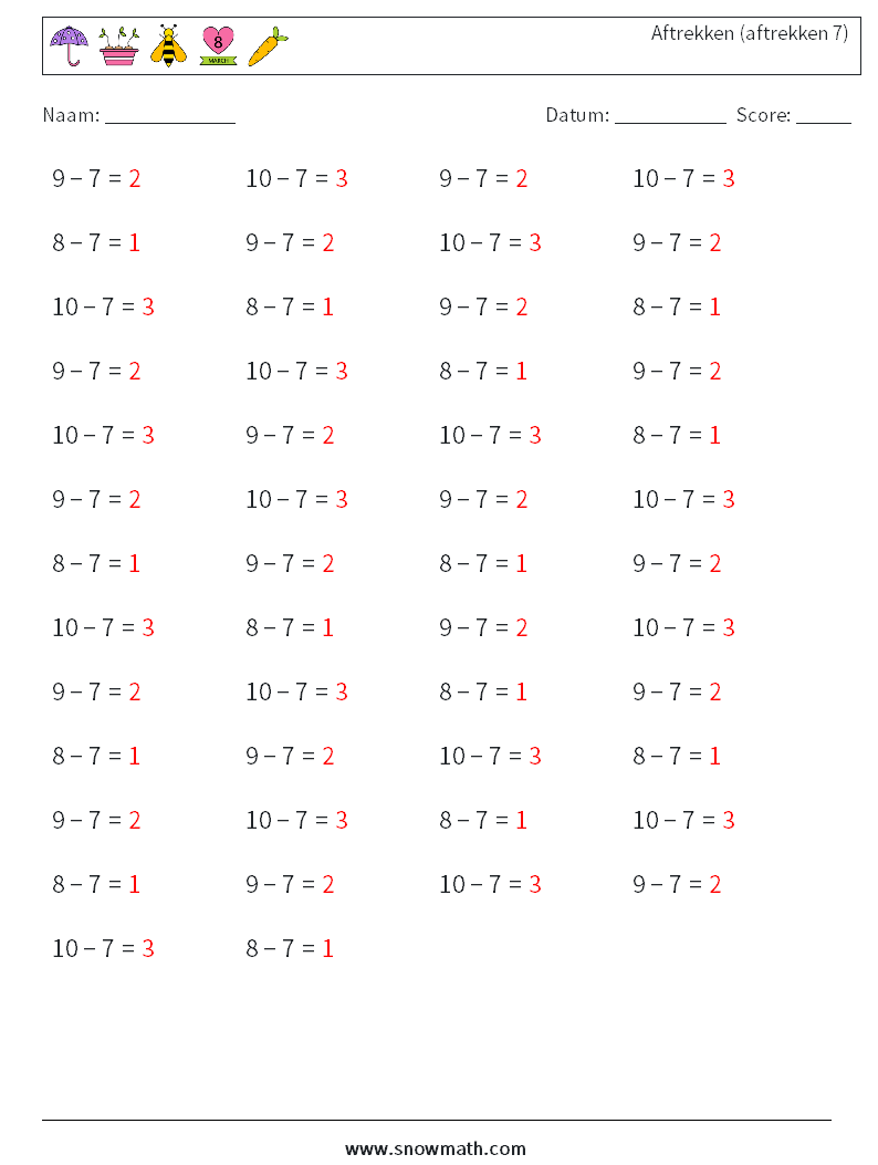 (50) Aftrekken (aftrekken 7) Wiskundige werkbladen 9 Vraag, Antwoord