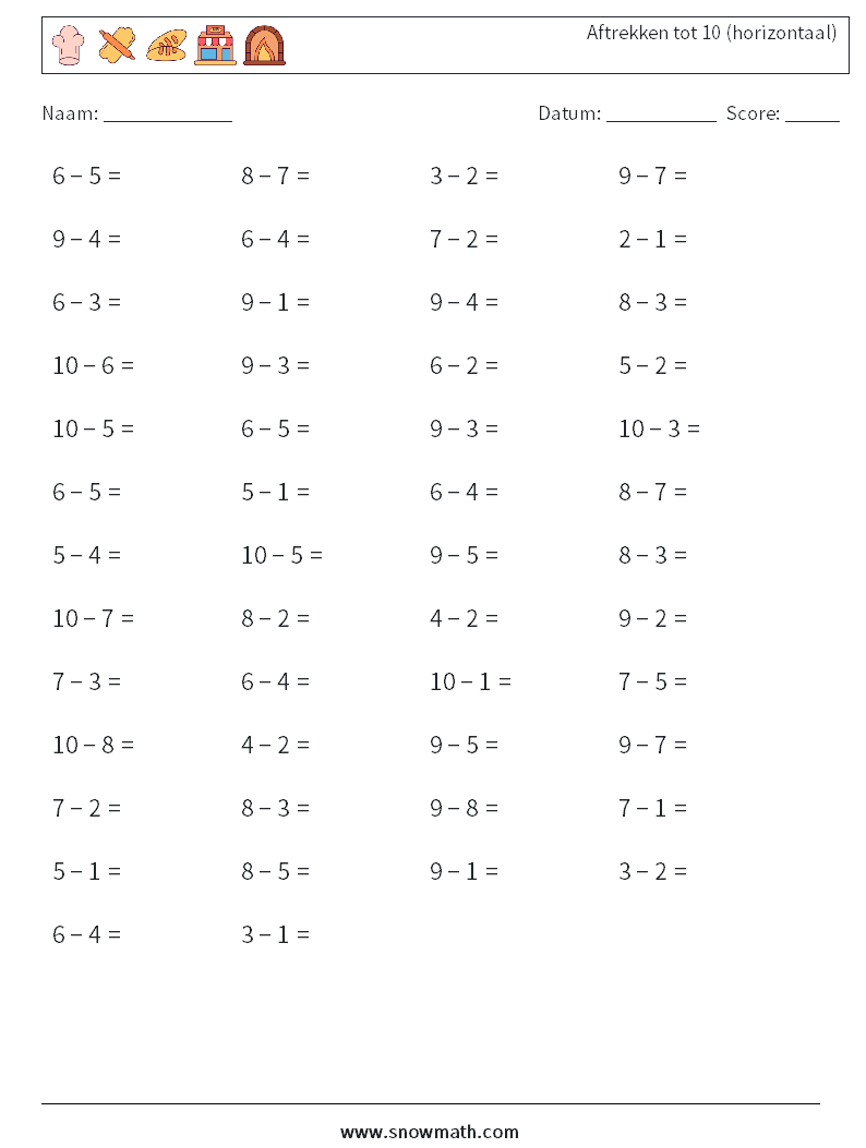 (50) Aftrekken tot 10 (horizontaal) Wiskundige werkbladen 9