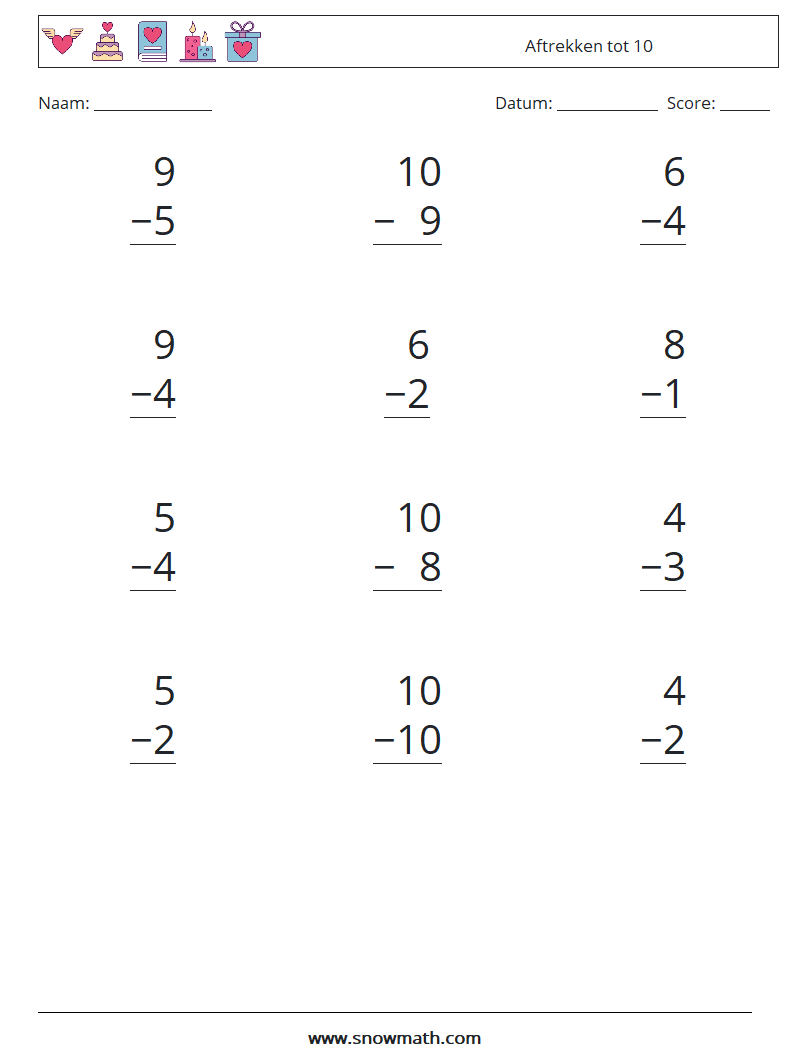 (12) Aftrekken tot 10 Wiskundige werkbladen 2