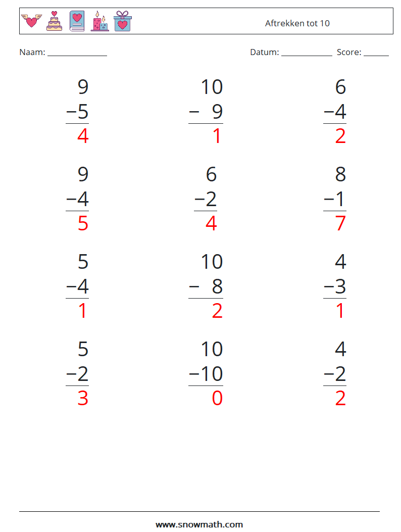 (12) Aftrekken tot 10 Wiskundige werkbladen 2 Vraag, Antwoord