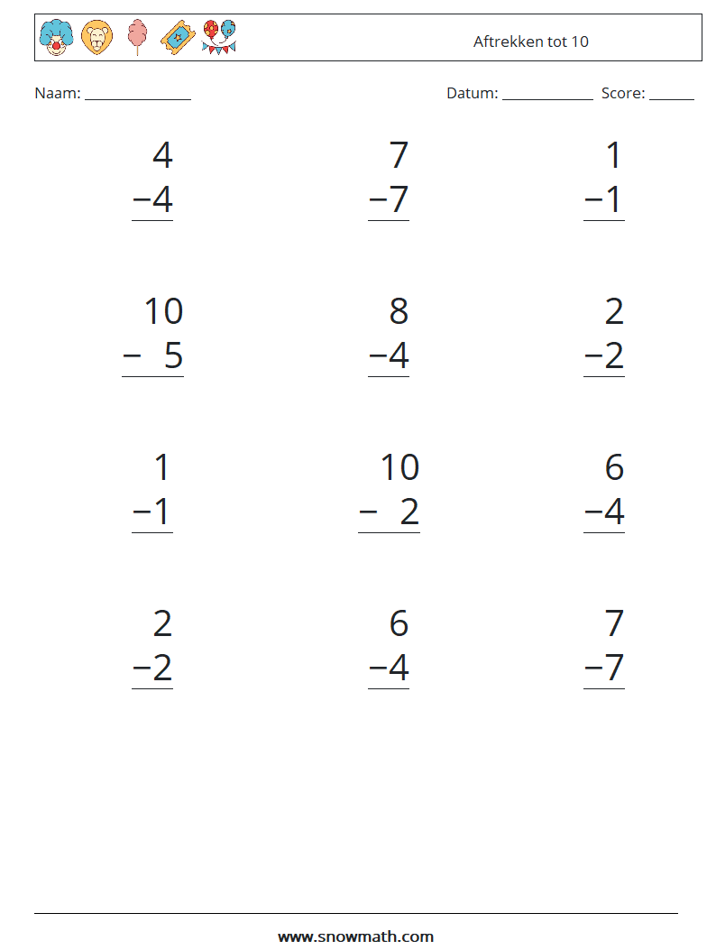 (12) Aftrekken tot 10 Wiskundige werkbladen 4