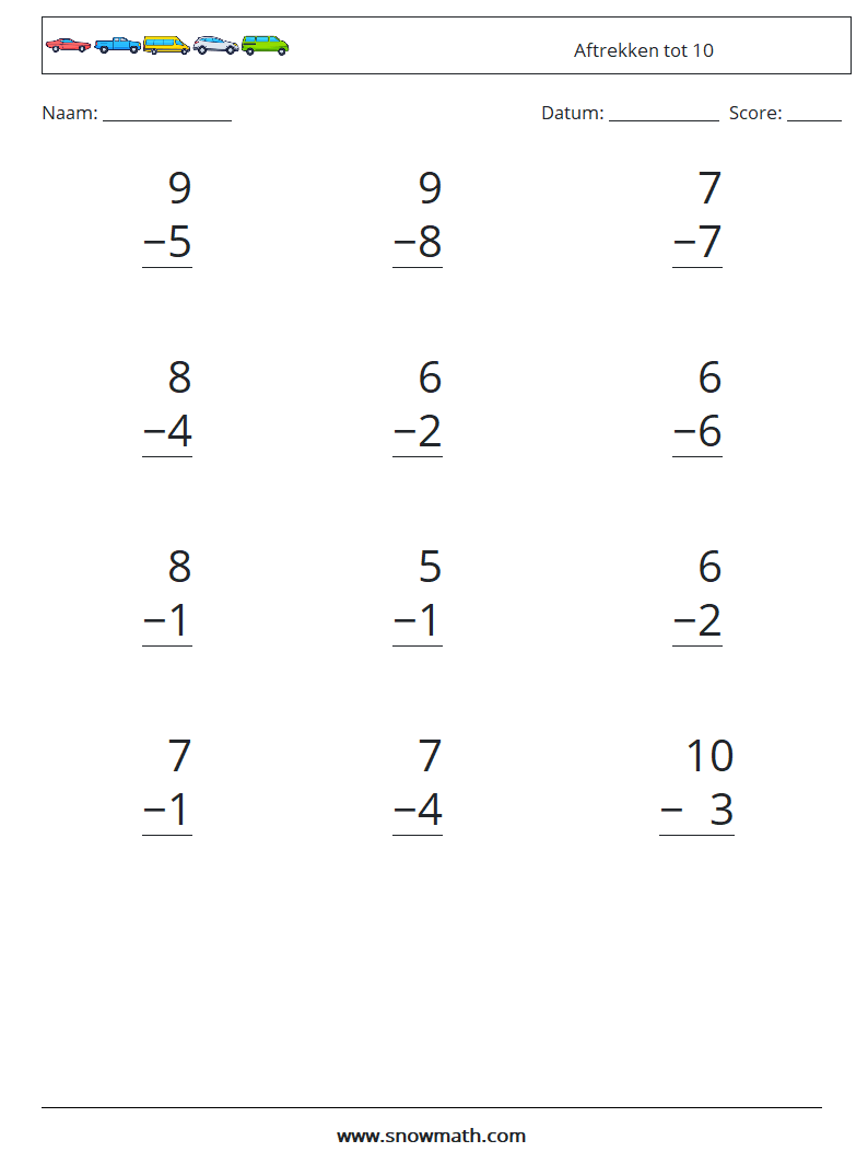 (12) Aftrekken tot 10 Wiskundige werkbladen 6