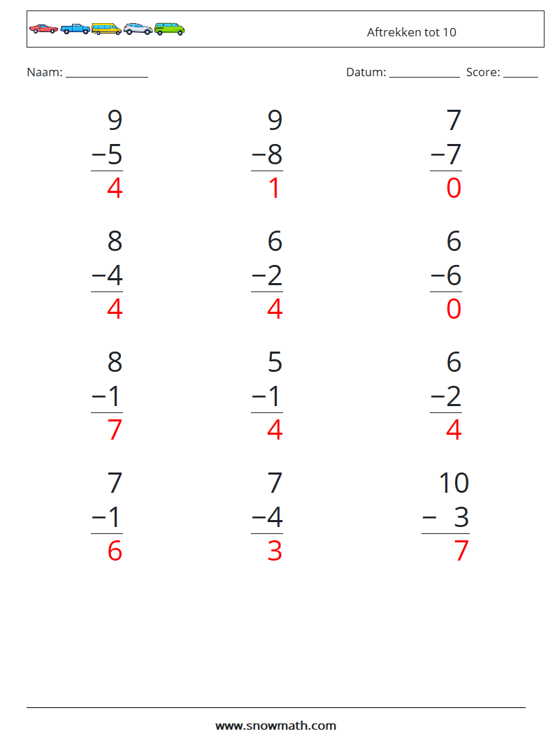 (12) Aftrekken tot 10 Wiskundige werkbladen 6 Vraag, Antwoord