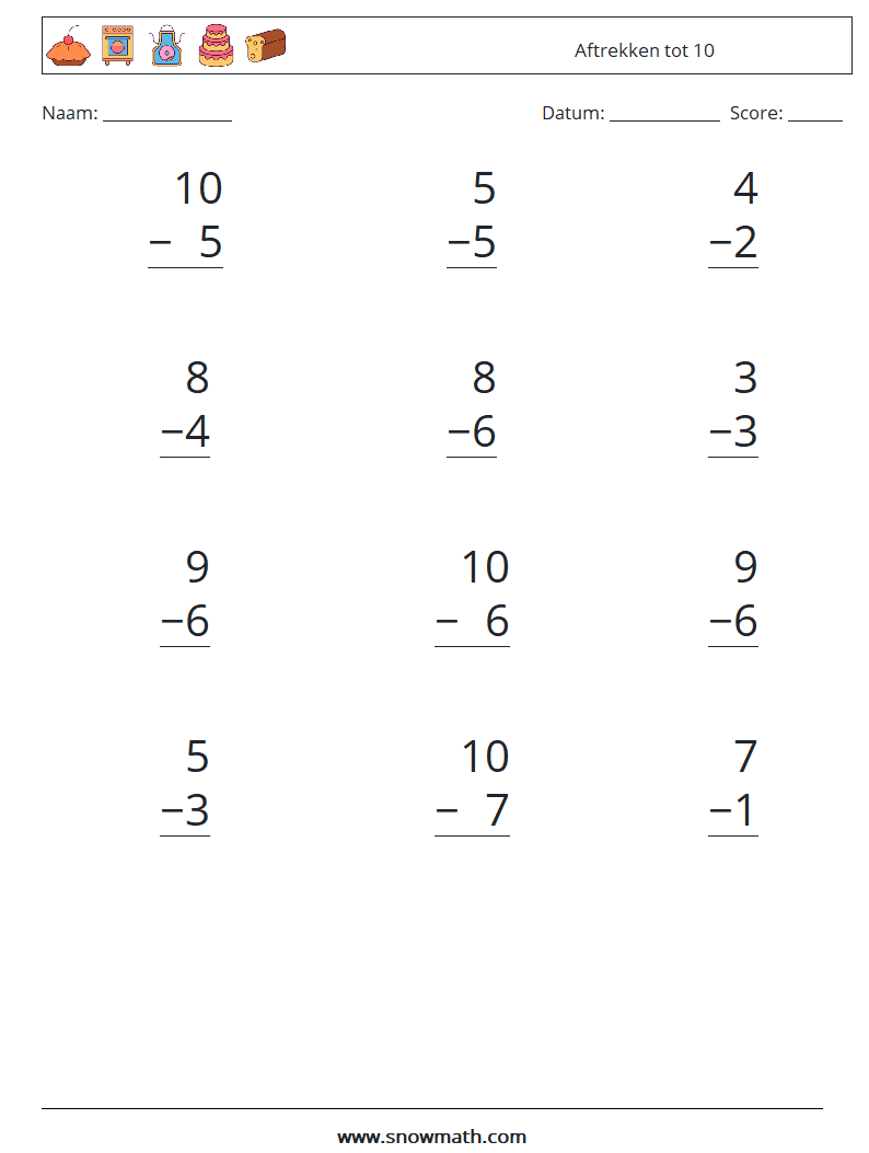 (12) Aftrekken tot 10 Wiskundige werkbladen 7