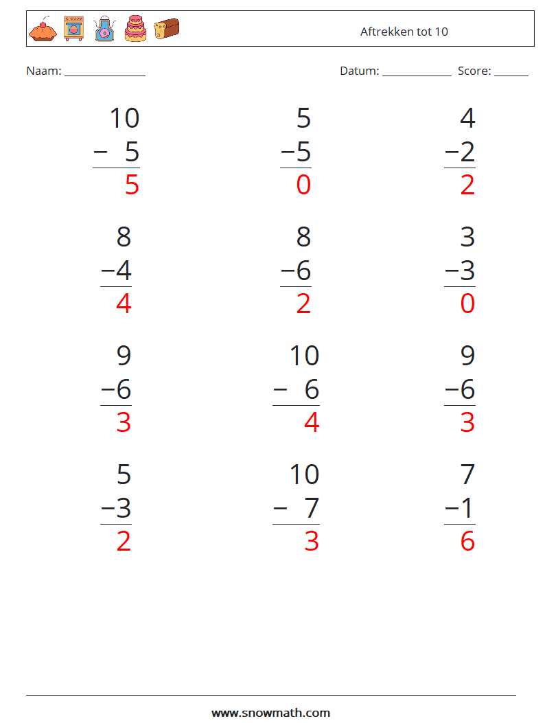 (12) Aftrekken tot 10 Wiskundige werkbladen 7 Vraag, Antwoord