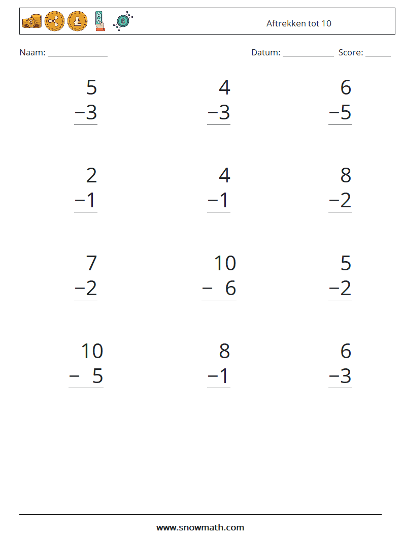 (12) Aftrekken tot 10 Wiskundige werkbladen 8