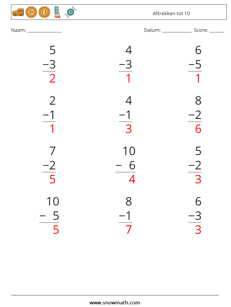 (12) Aftrekken tot 10 Wiskundige werkbladen 8 Vraag, Antwoord