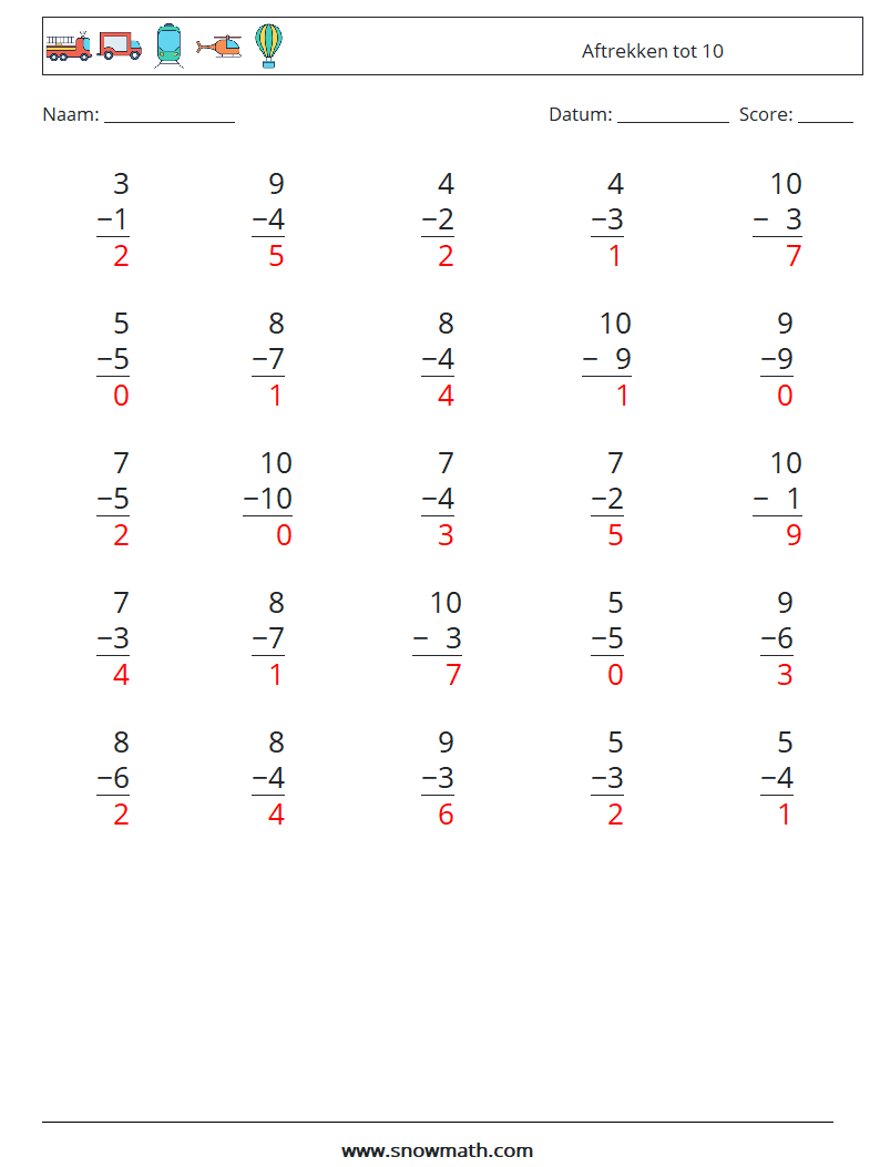 (25) Aftrekken tot 10 Wiskundige werkbladen 1 Vraag, Antwoord
