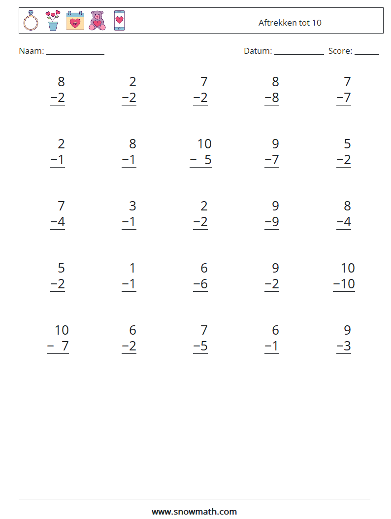 (25) Aftrekken tot 10 Wiskundige werkbladen 2