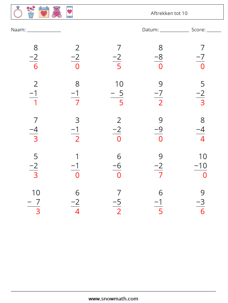 (25) Aftrekken tot 10 Wiskundige werkbladen 2 Vraag, Antwoord