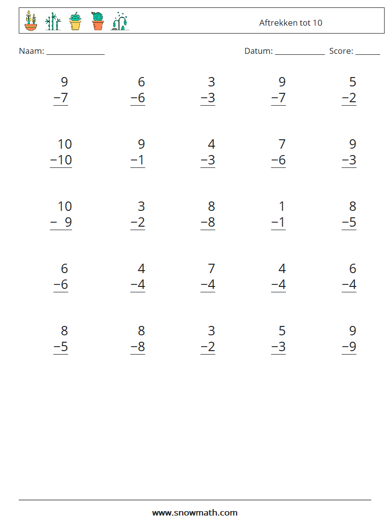 (25) Aftrekken tot 10 Wiskundige werkbladen 4