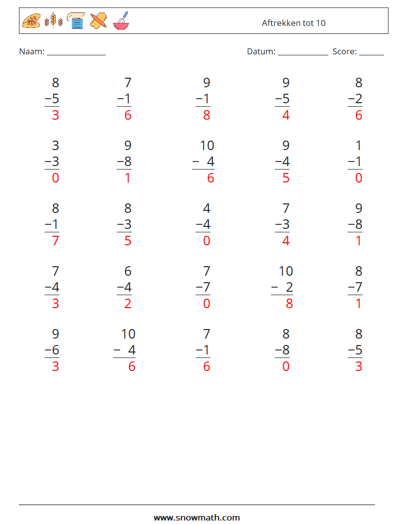 (25) Aftrekken tot 10 Wiskundige werkbladen 8 Vraag, Antwoord