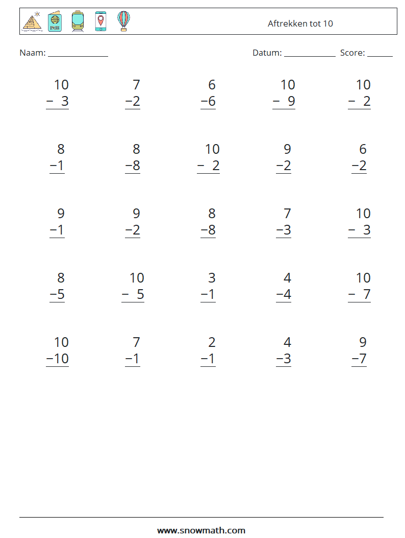 (25) Aftrekken tot 10 Wiskundige werkbladen 9