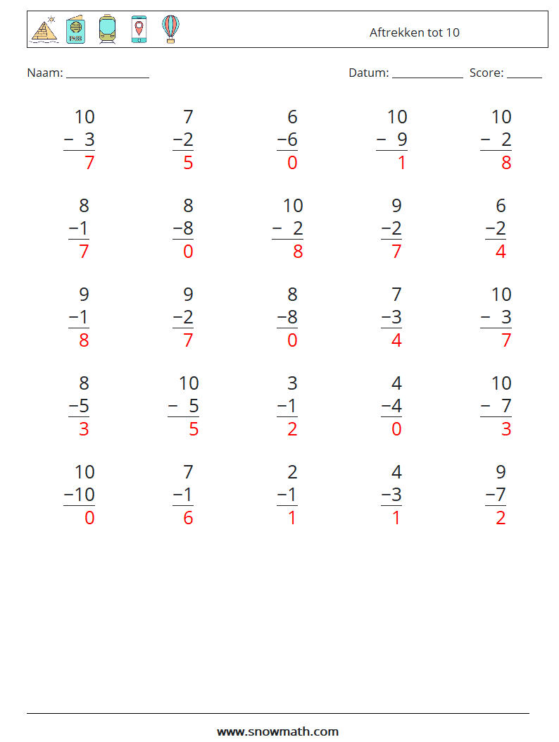 (25) Aftrekken tot 10 Wiskundige werkbladen 9 Vraag, Antwoord