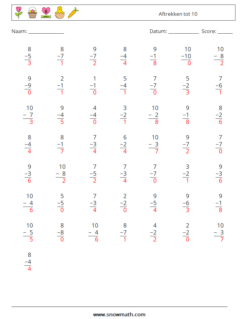 (50) Aftrekken tot 10 Wiskundige werkbladen 2 Vraag, Antwoord