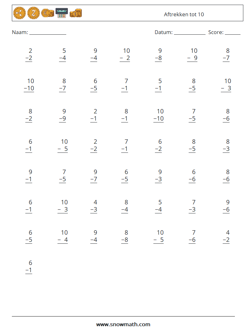 (50) Aftrekken tot 10 Wiskundige werkbladen 3