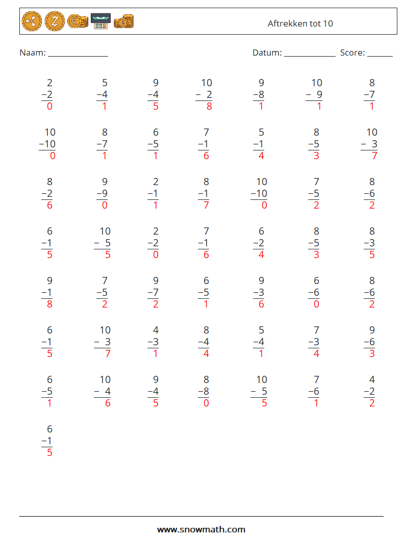 (50) Aftrekken tot 10 Wiskundige werkbladen 3 Vraag, Antwoord