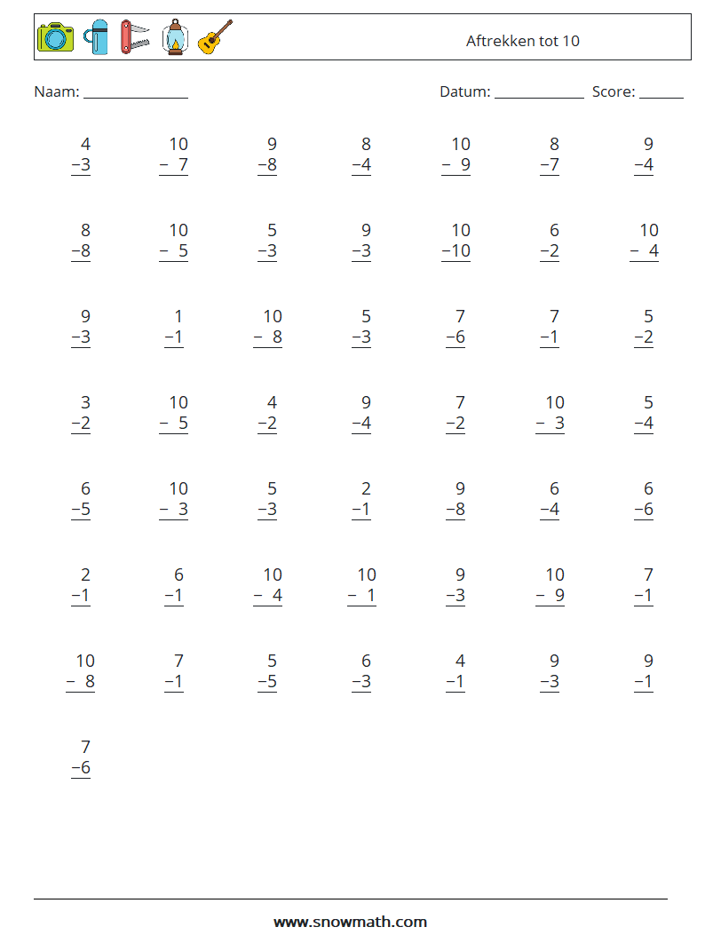 (50) Aftrekken tot 10 Wiskundige werkbladen 5