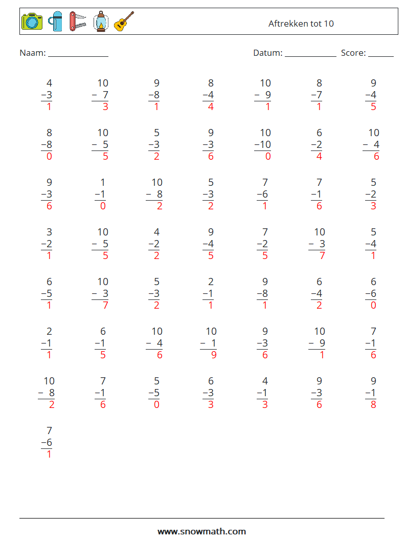 (50) Aftrekken tot 10 Wiskundige werkbladen 5 Vraag, Antwoord