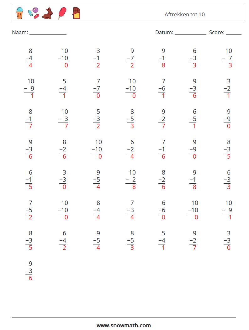 (50) Aftrekken tot 10 Wiskundige werkbladen 6 Vraag, Antwoord