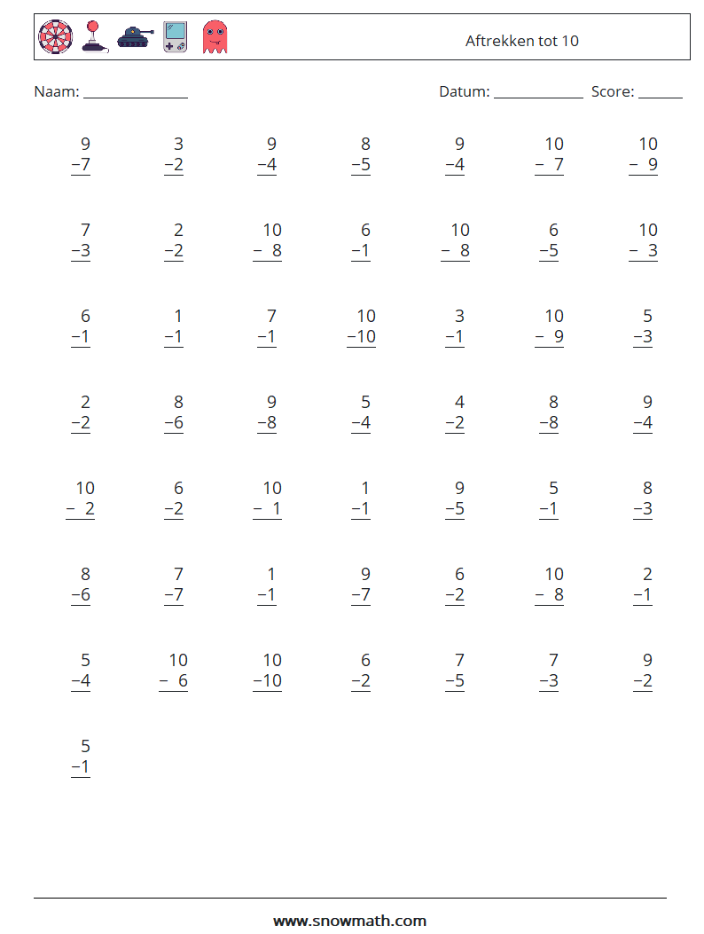 (50) Aftrekken tot 10 Wiskundige werkbladen 9