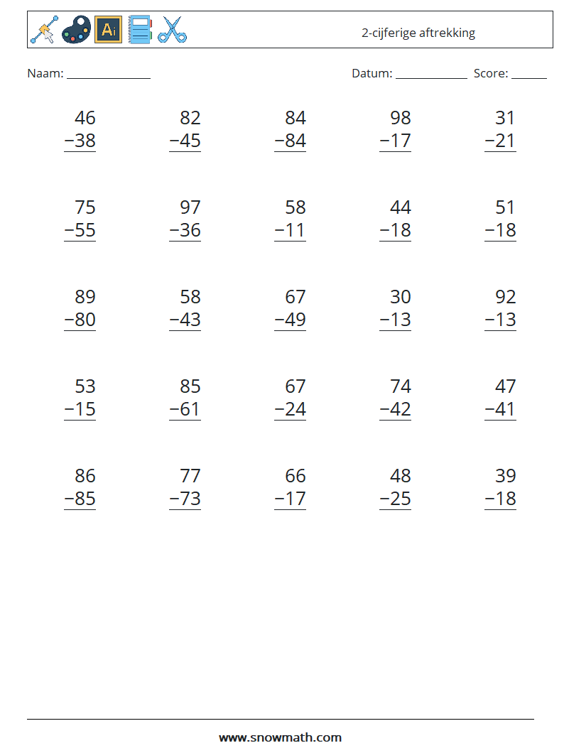 (25) 2-cijferige aftrekking Wiskundige werkbladen 1