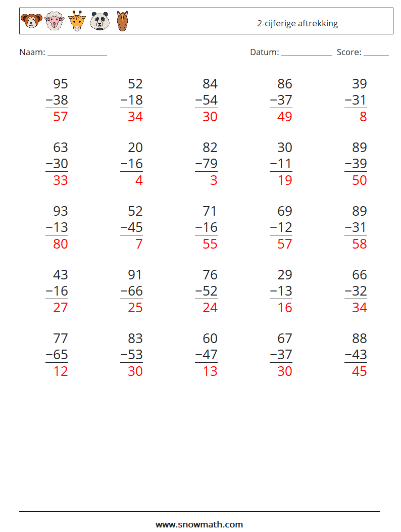 (25) 2-cijferige aftrekking Wiskundige werkbladen 10 Vraag, Antwoord