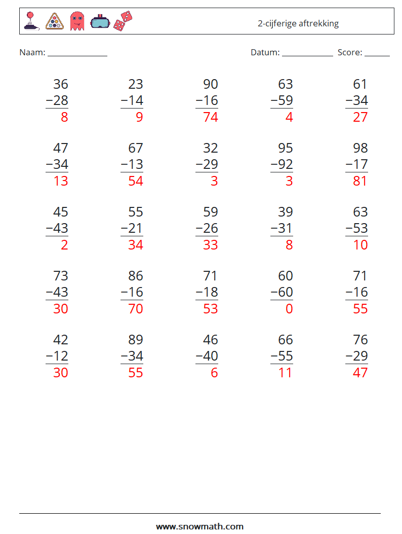 (25) 2-cijferige aftrekking Wiskundige werkbladen 11 Vraag, Antwoord