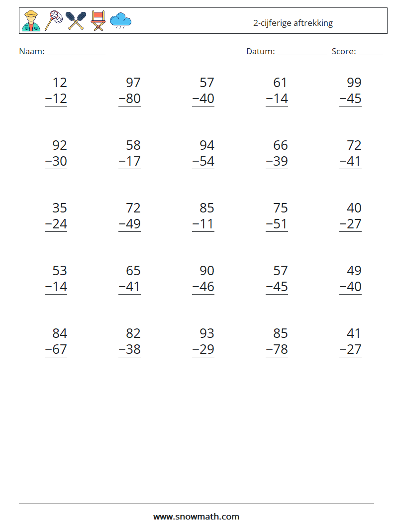 (25) 2-cijferige aftrekking Wiskundige werkbladen 12