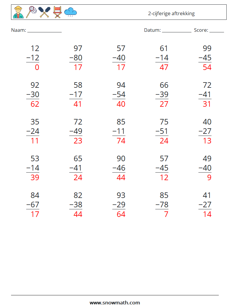 (25) 2-cijferige aftrekking Wiskundige werkbladen 12 Vraag, Antwoord