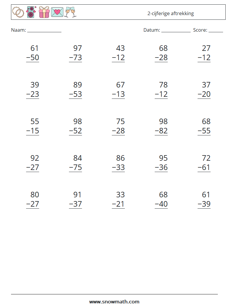 (25) 2-cijferige aftrekking Wiskundige werkbladen 13