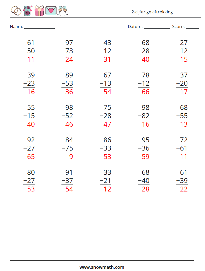 (25) 2-cijferige aftrekking Wiskundige werkbladen 13 Vraag, Antwoord