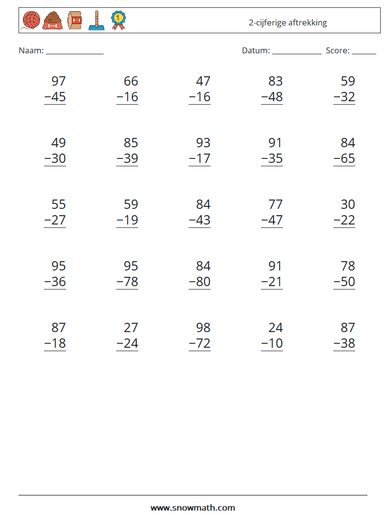 (25) 2-cijferige aftrekking Wiskundige werkbladen 14