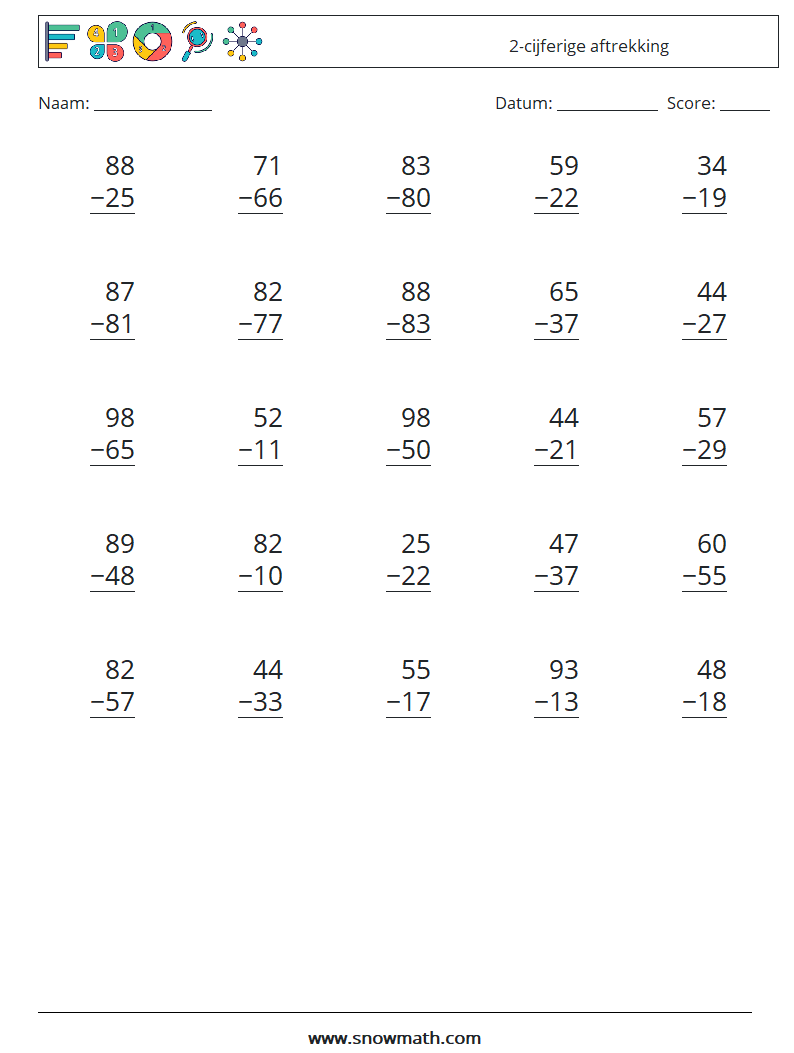 (25) 2-cijferige aftrekking Wiskundige werkbladen 15