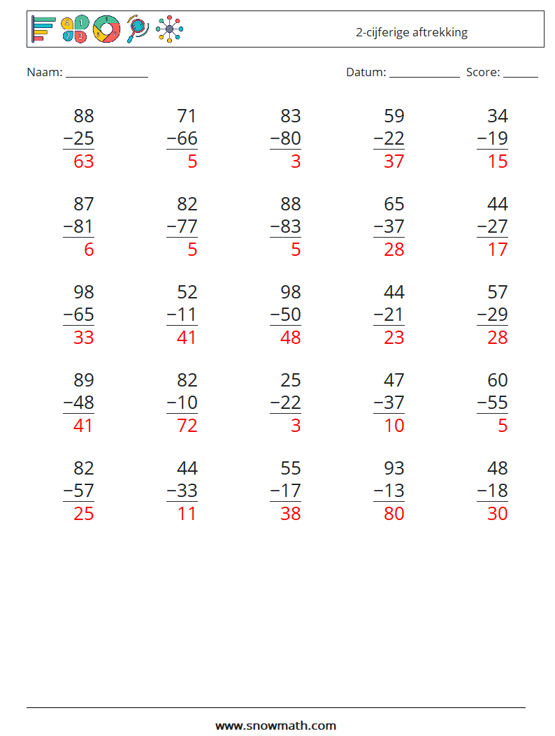 (25) 2-cijferige aftrekking Wiskundige werkbladen 15 Vraag, Antwoord