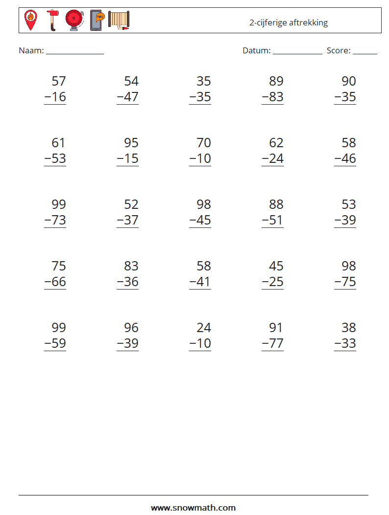 (25) 2-cijferige aftrekking Wiskundige werkbladen 16