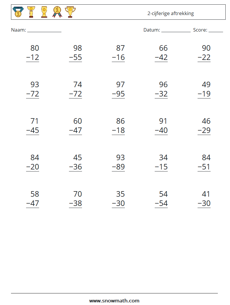(25) 2-cijferige aftrekking Wiskundige werkbladen 17