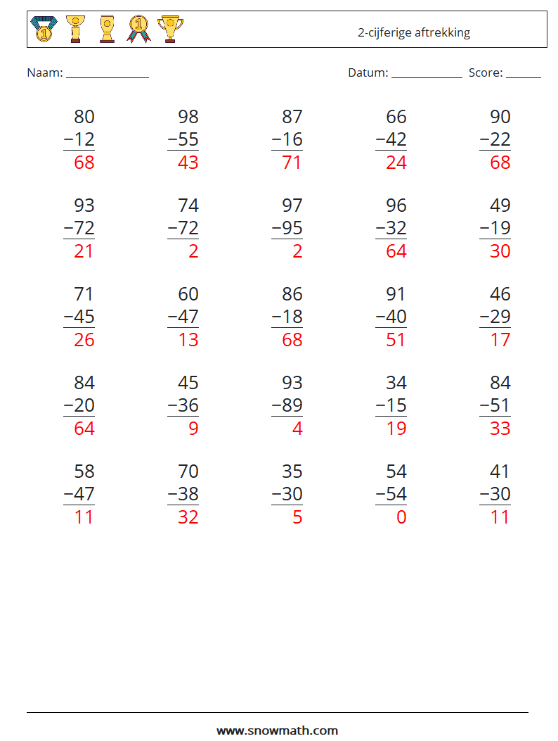 (25) 2-cijferige aftrekking Wiskundige werkbladen 17 Vraag, Antwoord