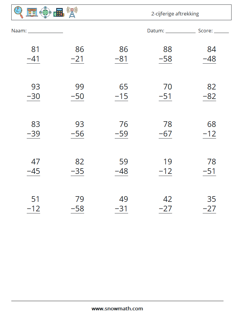(25) 2-cijferige aftrekking Wiskundige werkbladen 18