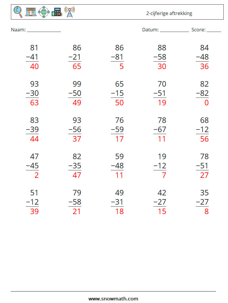 (25) 2-cijferige aftrekking Wiskundige werkbladen 18 Vraag, Antwoord