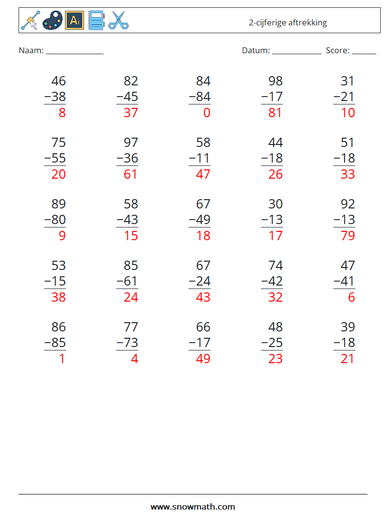 (25) 2-cijferige aftrekking Wiskundige werkbladen 1 Vraag, Antwoord