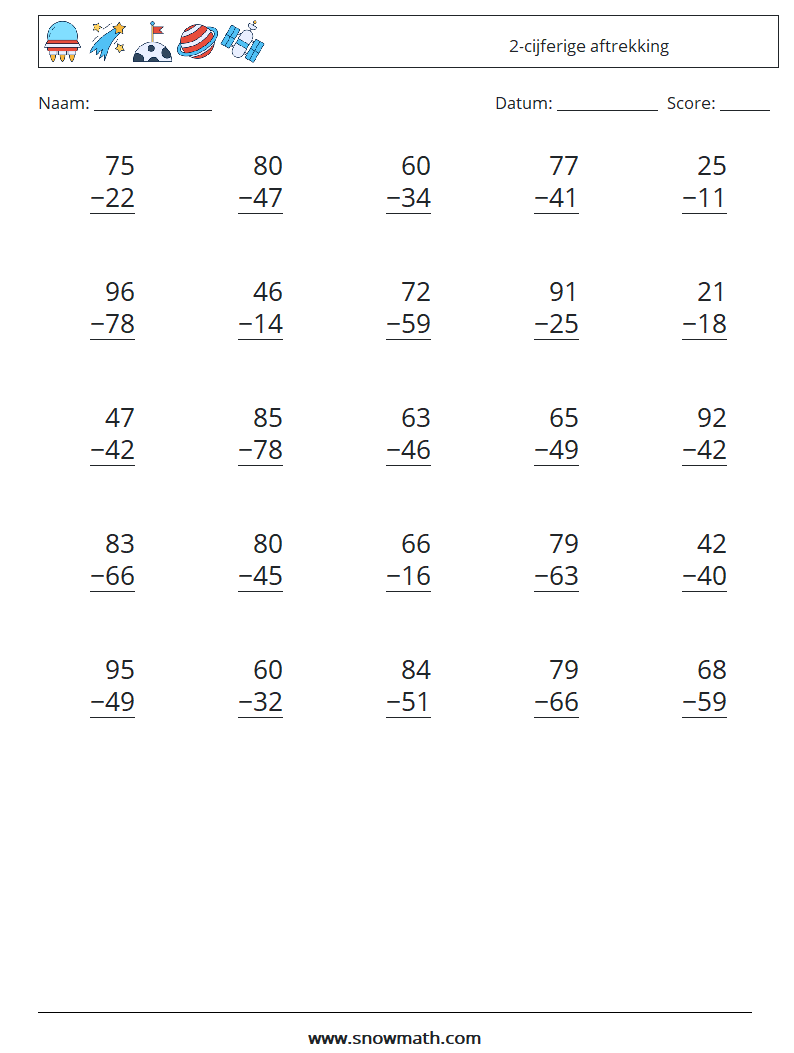 (25) 2-cijferige aftrekking Wiskundige werkbladen 2